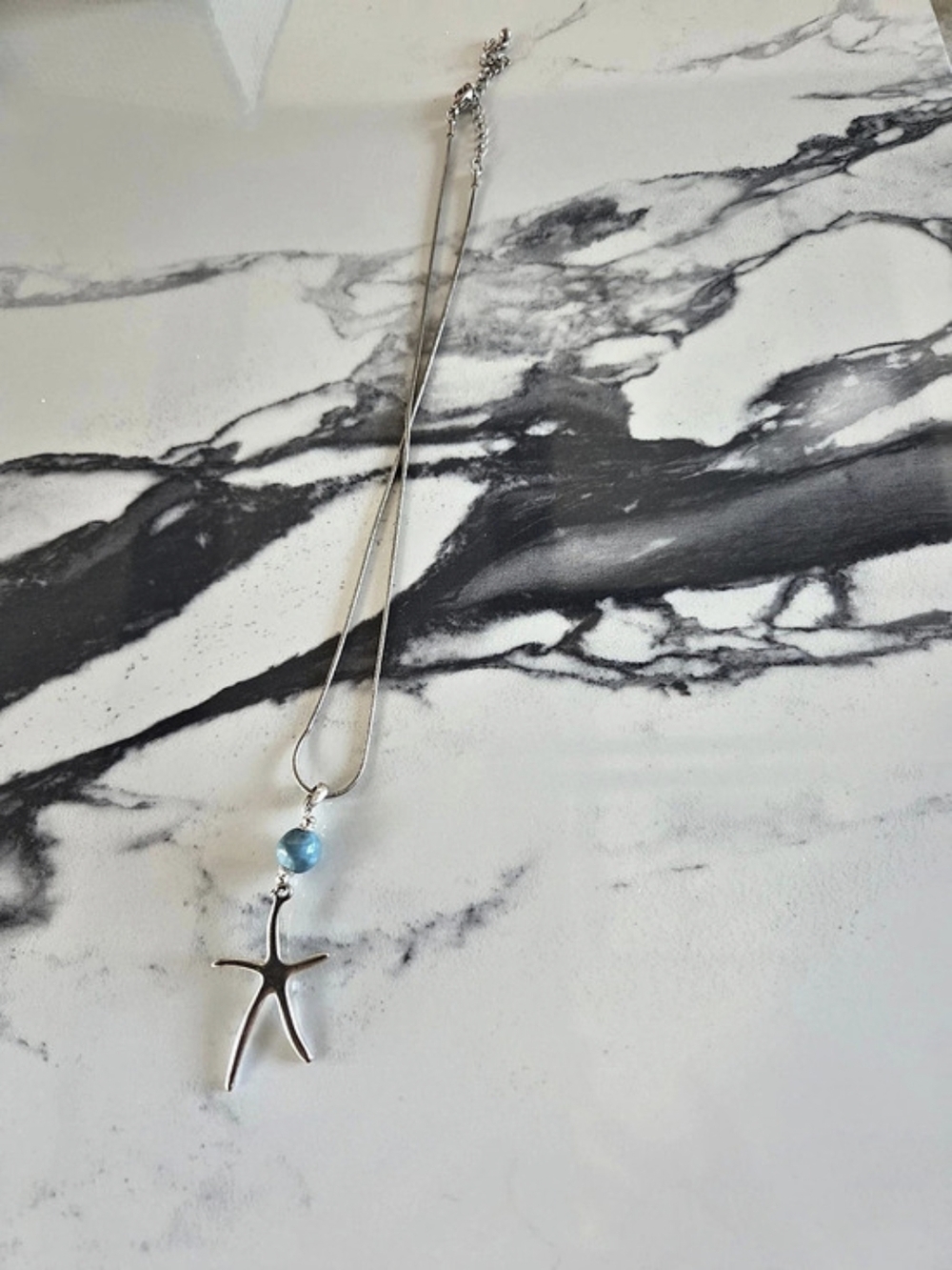 Silver-Tone Starfish Pendant Necklace Blue Marble Bead Coastal Beachy